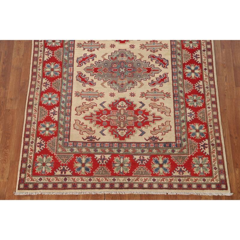 Geometric Kazak Area Rug Handmade Beige Wool Carpet - 4'10" x 6'6"