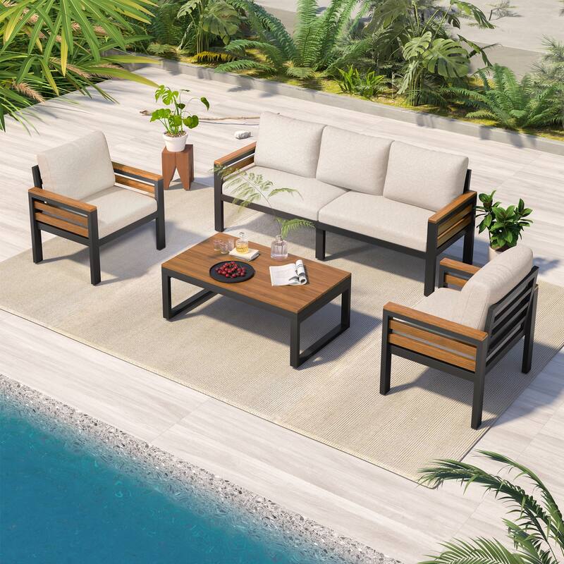 4-Piece Outdoor Sofa Set with Acacia Wood Armrests & Coffee Table, for 5 People - Beige
