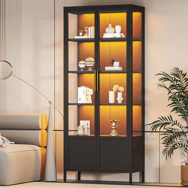 5-Tier Tempered Glass Curio Display Cabinet with Doors, Adjustable Shelves and 13 Color Lights - 67"H x 27.5"W x 13.8"D - Black