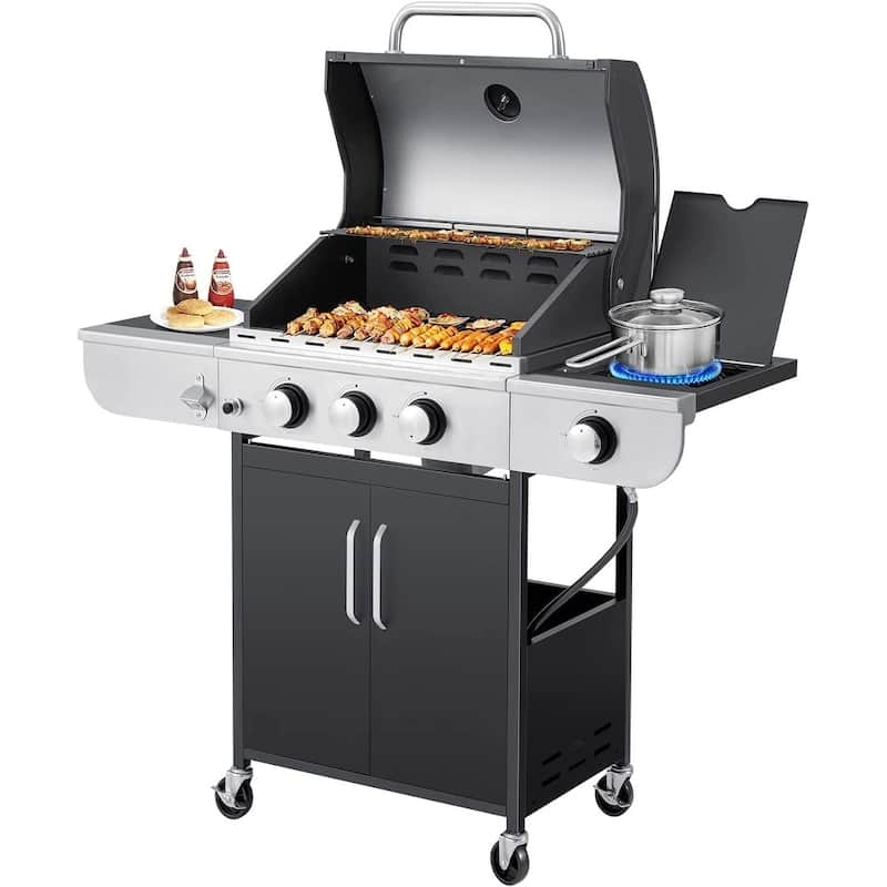EROMMY Outdoor 3+1 Burner BBQ Propane Gas Grill - 24000 BTUs Stainless Steel Patio Barbecue Grill with Stove and Side Table