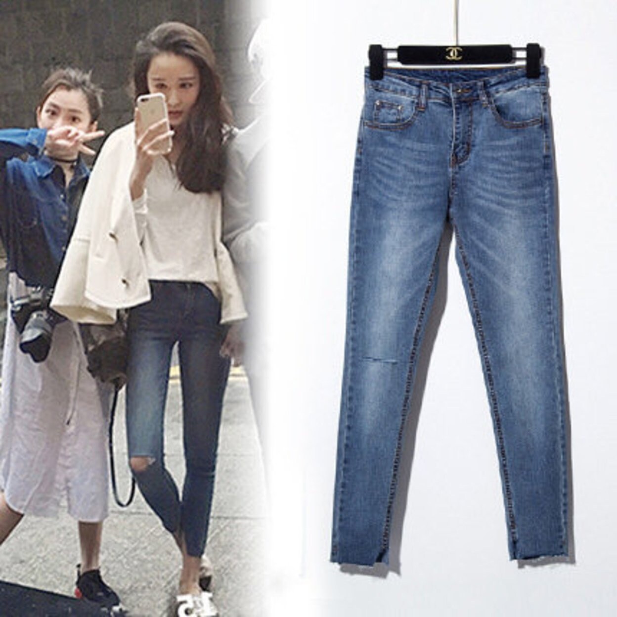 Shop Korean Female Casual Jeans High Waist Elasticity Feet Knee