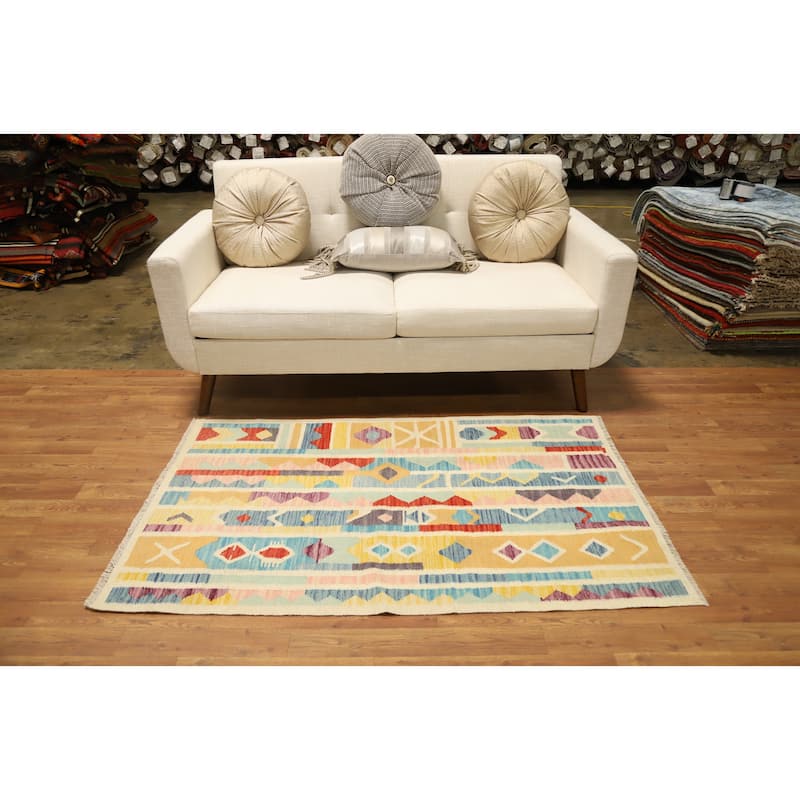Hand Woven Oriental 100% Wool Carpet Southwestern Modern Multi-Colored Kilim Area Rug - 4' 11'' X 3' 0''