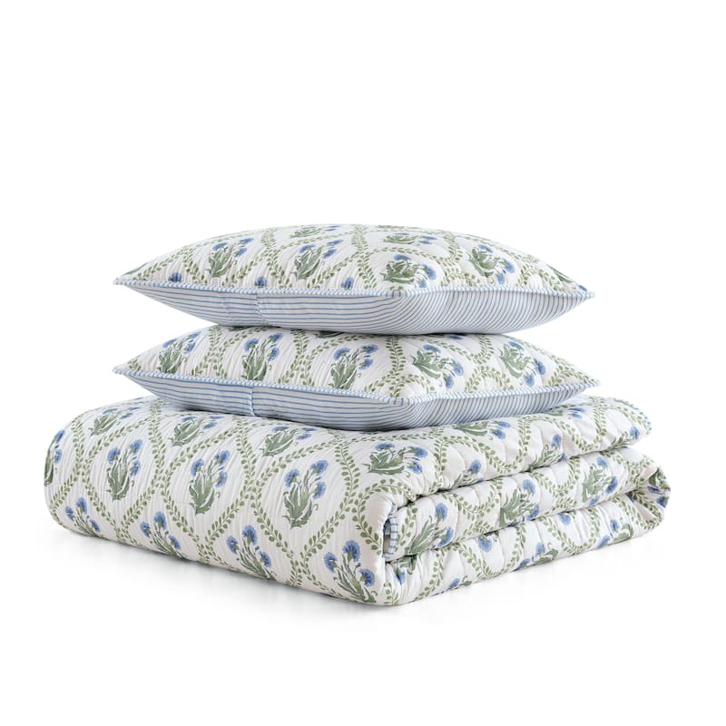 Martha Stewart Chloe Green Cotton Reversible Quilt Set