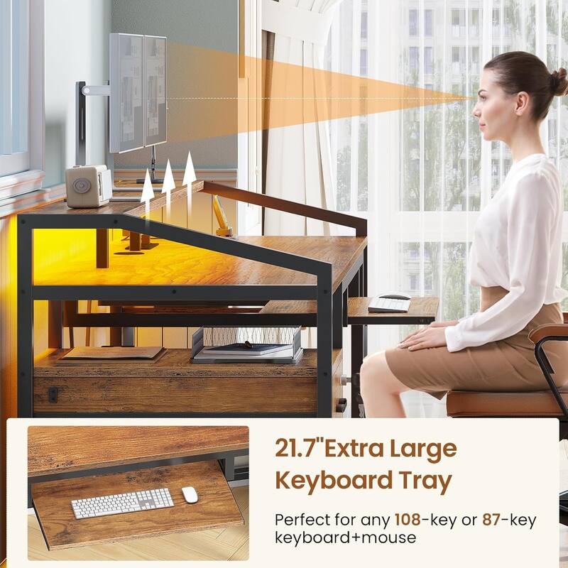 LED Computer Desk With Lock Drawers Keyboard Tray Power Outlet