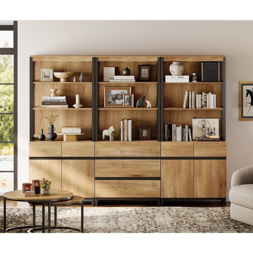 WAMPAT 3 PCS Modern 72" Tall Bookcase with 3 Drawers and Adjustable Shelves, Library Book Shelf with Storage Cabinet