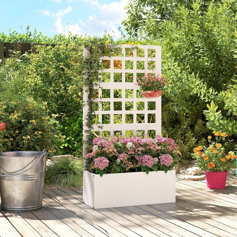 Outsunny Galvanized Raised Garden Bed with Trellis, Metal Planter Box with Drainage Holes