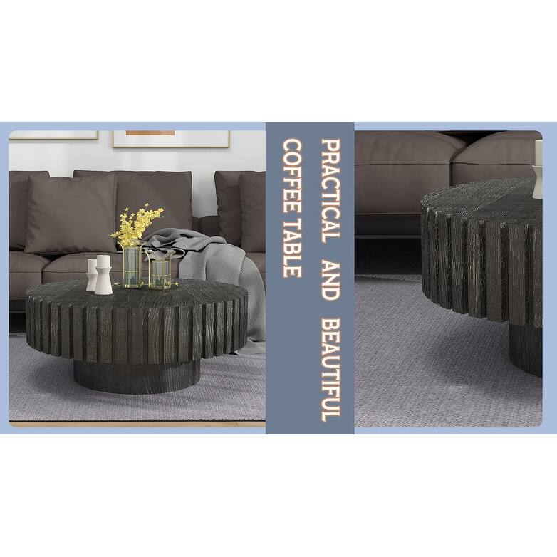 GDFStudio - Norwyn Minimalist Aesthetics Round Coffee Table with Sturdy Base and Handcrafted Relief Carving - 31.5"W