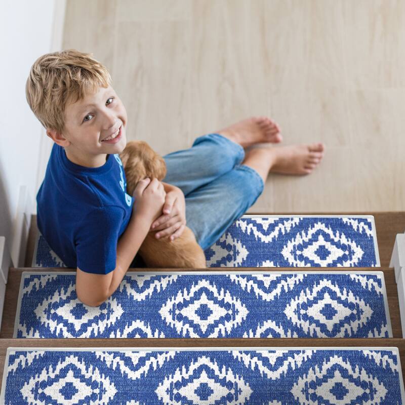SussexHome Tetra One Design 9" X 28" Stair Treads - 70% Cotton Anti-Slip Carpet Strips for Stairs-with Double Adhesive Tape - 7 PACK - Navy