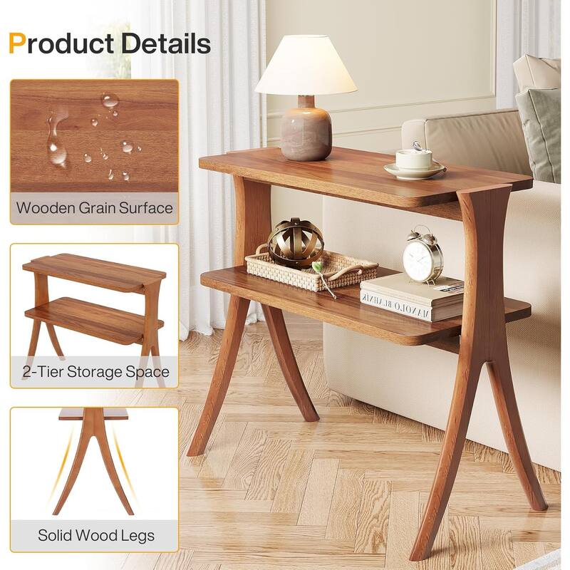 25.2" Narrow Walnut Side Table - 2-Tier Farmhouse End Table with Legs