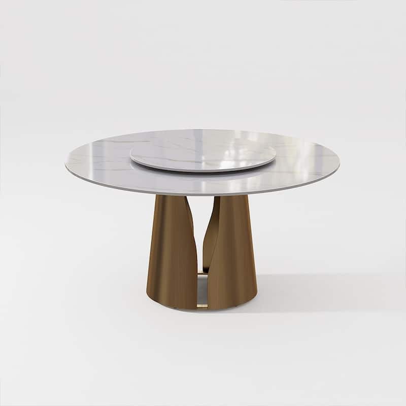Modern Round White Dining Table，Sintered Stone Tabletop, Solid Black Carbon Steel Base