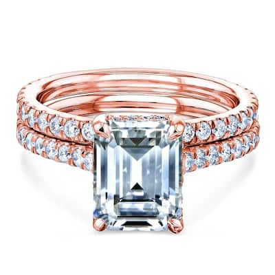 Annello by Kobelli 14k Gold Emerald Forever One Moissanite Drop Halo Bridal Set (DEF/VS, GH/I)