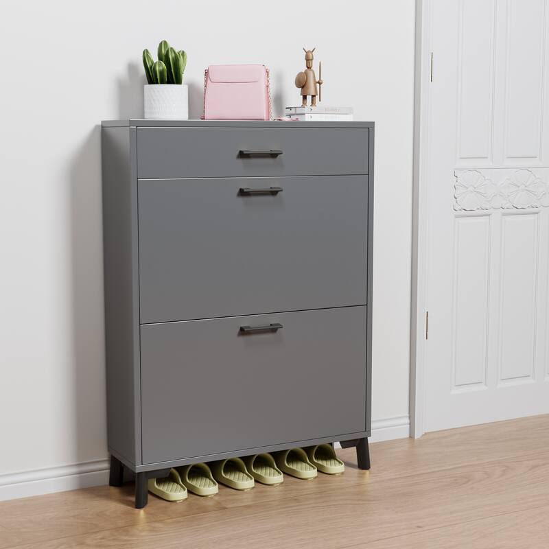 Shoe Storage Cabinet for Entryway, Free Standing Shoe Organizer with 2 Flip Drawers