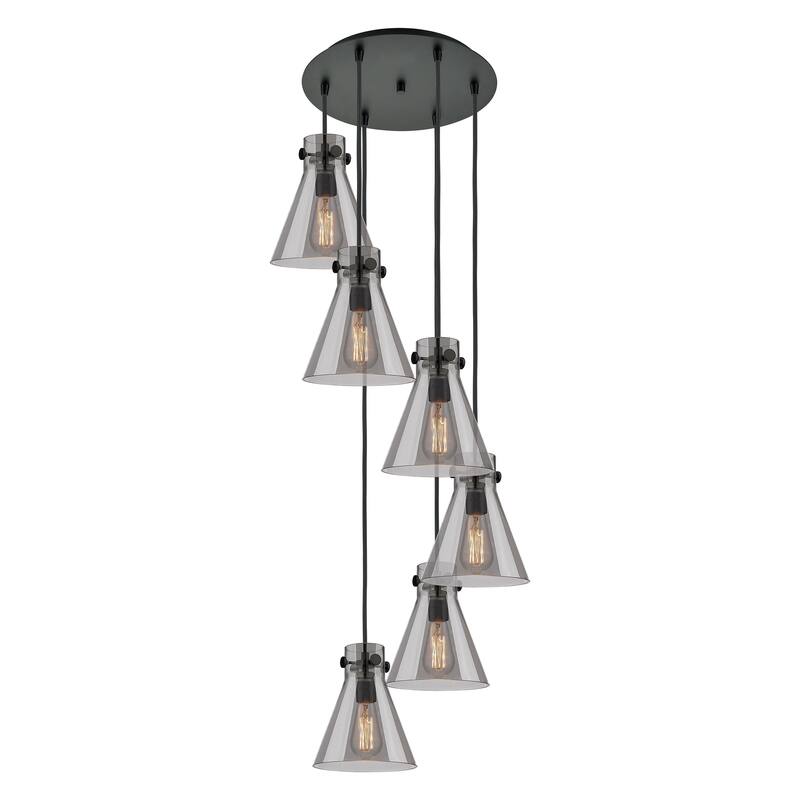 Innovations Lighting Newton Cone - 6 Light 8" Cord Hung Multi Pendant - 14" Canopy - Matte Black/Light Smoke