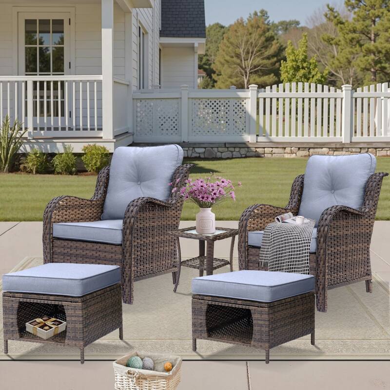 5 Piece Outdoor Wicker Patio Conversation Chair with Ottoman Set