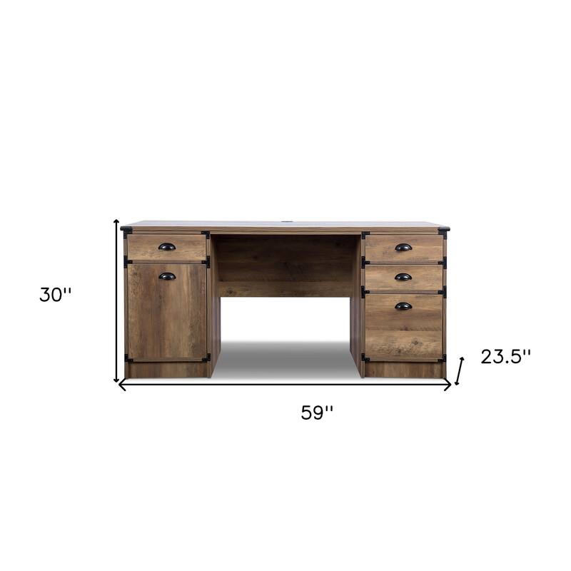 HomeRoots 59" Oak Wood Pedestal Computer Desk With Four Drawers