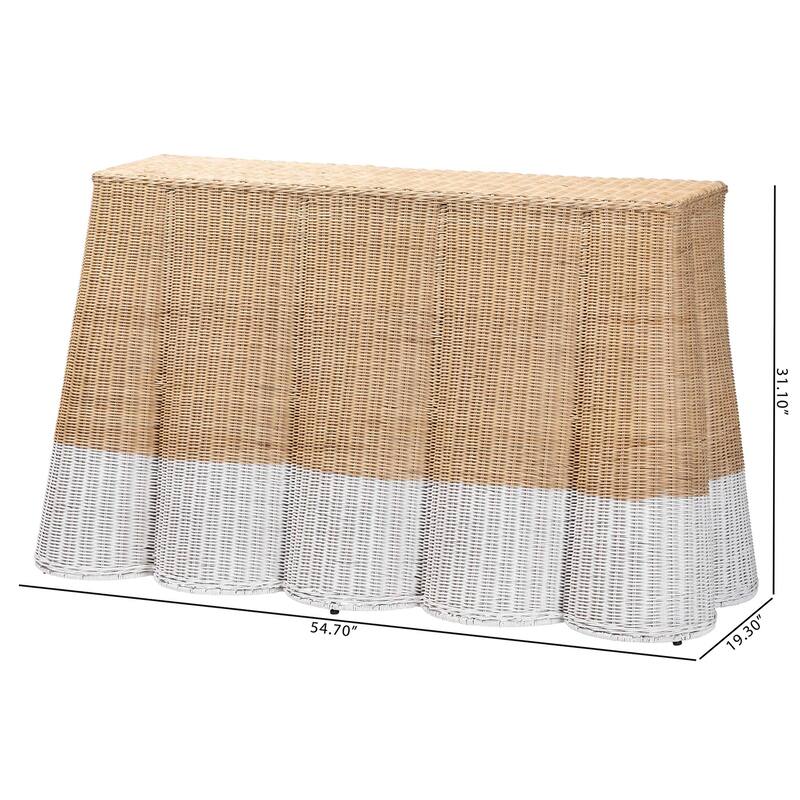 Palm Scallop Natural Rattan Console Table – Handwoven Wicker Accent Table for Hallway or Entryway, Coastal Décor, Rectangle