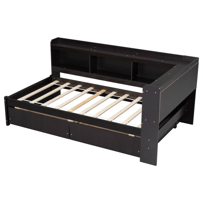 Pine Platform Bed with 2 Drawers & L-shaped Bookcases