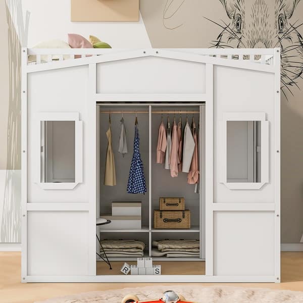 slide 2 of 32, Elegant Design Full Size House Loft Bed with Ladder & Wardrobe White