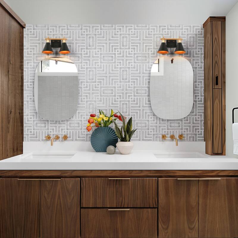 Reuel Modern Black Gold 2-Light Bathroom Vanity Lights Linear Wall Sconces for Powder Room - 14'' L x 7.5'' W x 8.5'' H