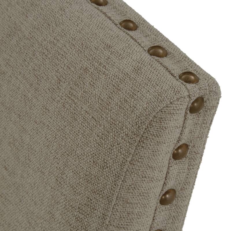 Tom 26 Inch Dining Armchair, Beige Polyester, Nailheads, Brown Solid Wood