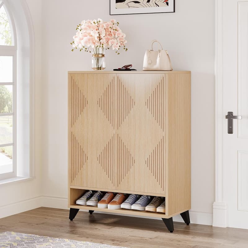 24 Pairs Large Wood Shoe Storage Cabinet with Doors for Entryway - 6-Tier - Natural