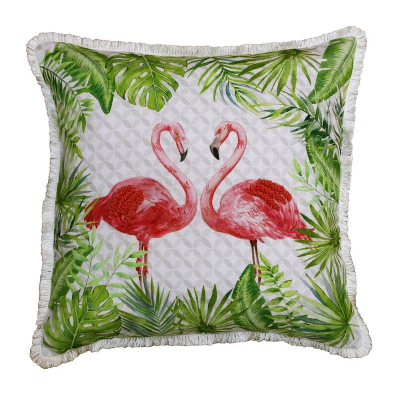 20" Off White Pink And Green Flamingo Throw Pillow Cover with Fringe