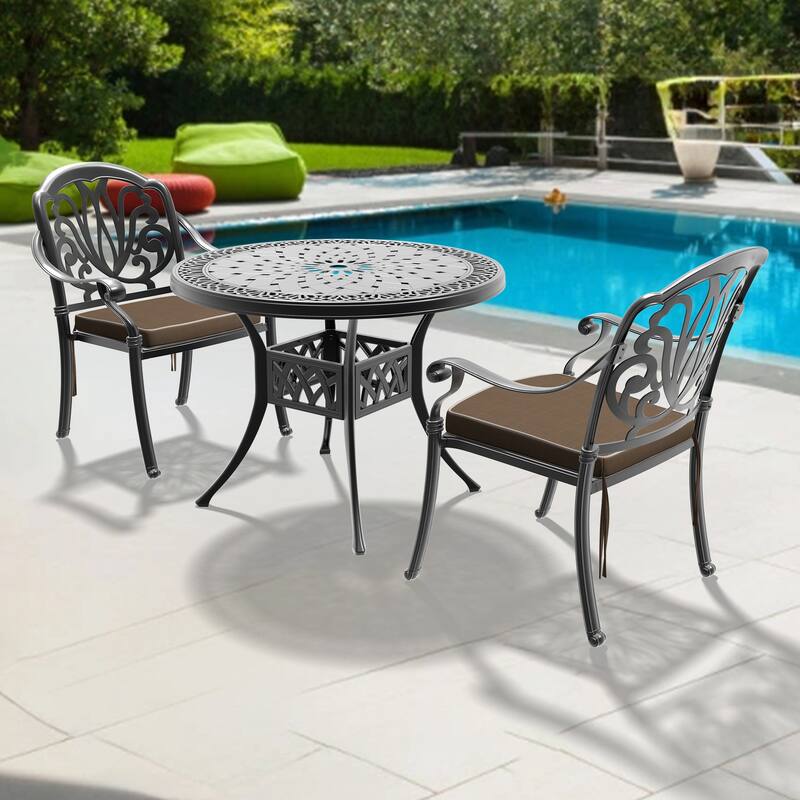 3/5-Piece Cast Aluminum Outdoor Dining Set with 35.43 in. Round Table and Random Color Cushions - Black(3-Piece Sets-A)