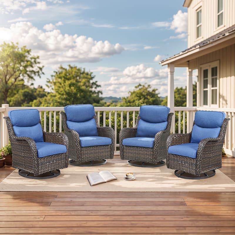 Outdoor Gliders Swivel Chairs Patio Chairs with 5-Inch Thick Cushions - Brown Rattan - Blue Cushion - 4PCS Glider Chairs