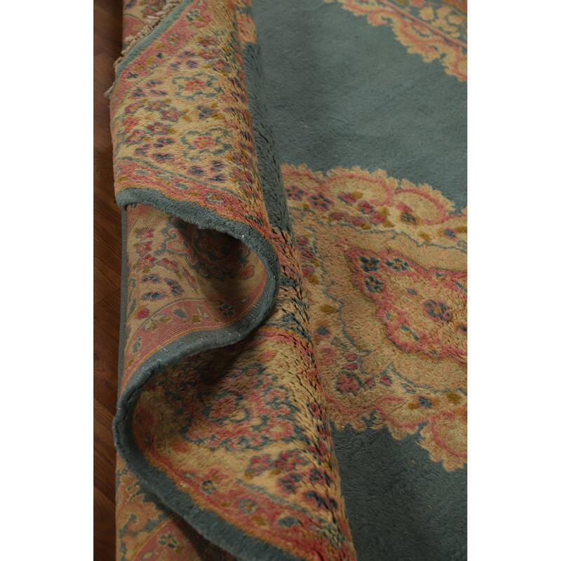 Hand Knotted Oriental 100% Wool Carpet Traditional Medallion Navy Blue & Blues Kerman Area Rug - 8' 9'' X 5' 10''