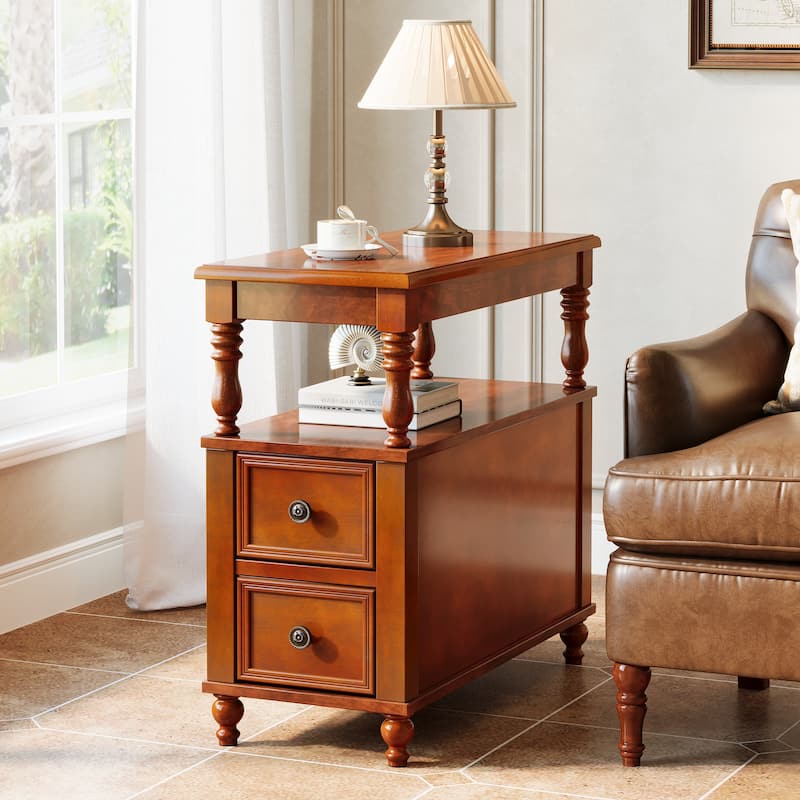 Solid Wood 2-Drawers End Table - Brown