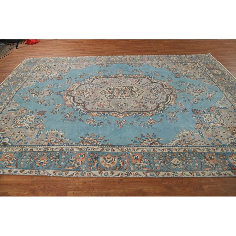 Light Blue Medallion Tabriz Persian Rug Hand-Knotted Wool Carpet - 7'9"x 11'3"