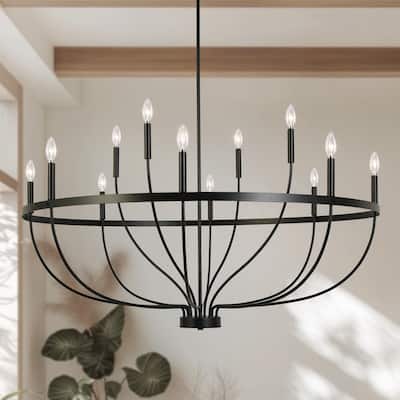 Oriea Modern Farmhouse 12-Light Black Wheel Chandelier Classic Candle Light for Dining Living Room