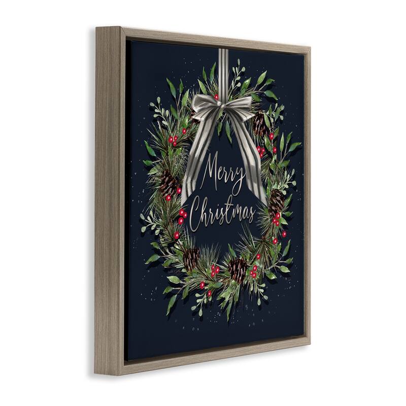 Stupell Hanging Christmas Wreath with Bow Framed Floater Canvas Wall Art Design By Elizabeth Tyndall