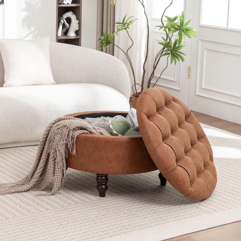 SEYNAR 29.5''Modern PU Leather Round Storage Ottoman with Wood Legs