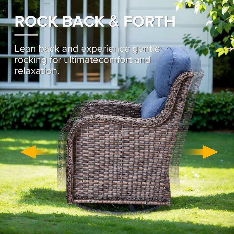 Gymojoy 7-Piece Wicker Patio Furniture Sofa Set with Fire Pit Table, 6-Inch Thick Cushion Swivel Glider Chairs & Ottomans