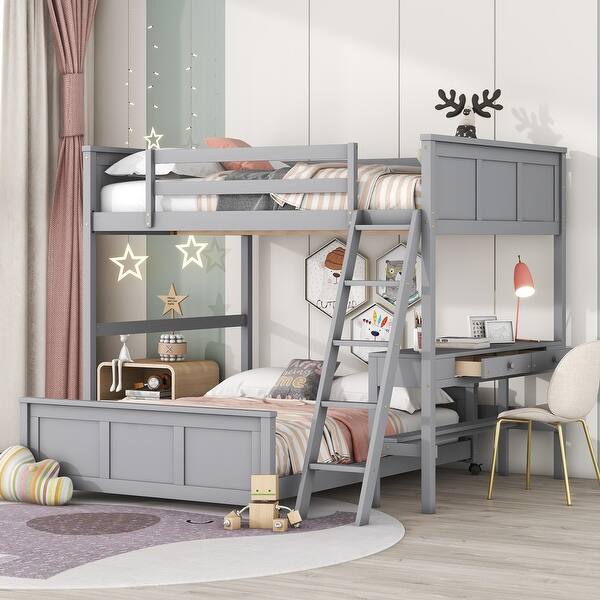 slide 2 of 9, Full over Full Bunk Bed with Desk & Drawers, Wooden Separated Bedframe Gray - Full