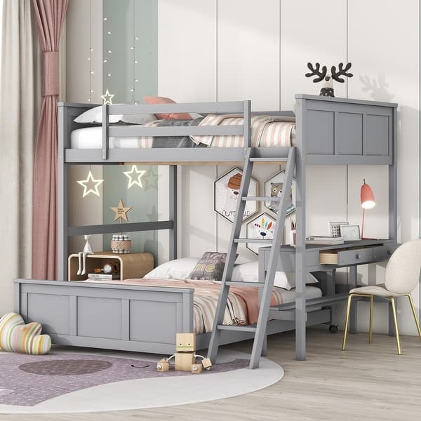 slide 2 of 36, Space-Saving Twin Over Full Bunk Bed with Desk and Drawers - Solid Pine, White/Grey Full Size Gray