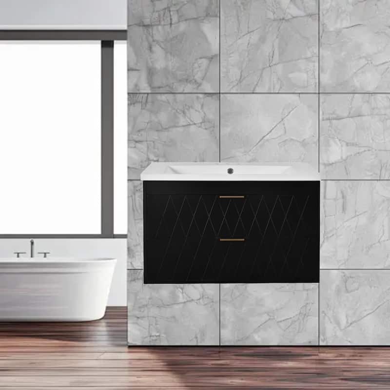 Modern 30" Wall-Mounted Bathroom Vanity with Resin Sink, Solid Wood Floating Cabinet with 2 Drawers