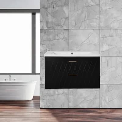 Modern 30" Wall-Mounted Bathroom Vanity with Resin Sink, Solid Wood Floating Cabinet with 2 Drawers