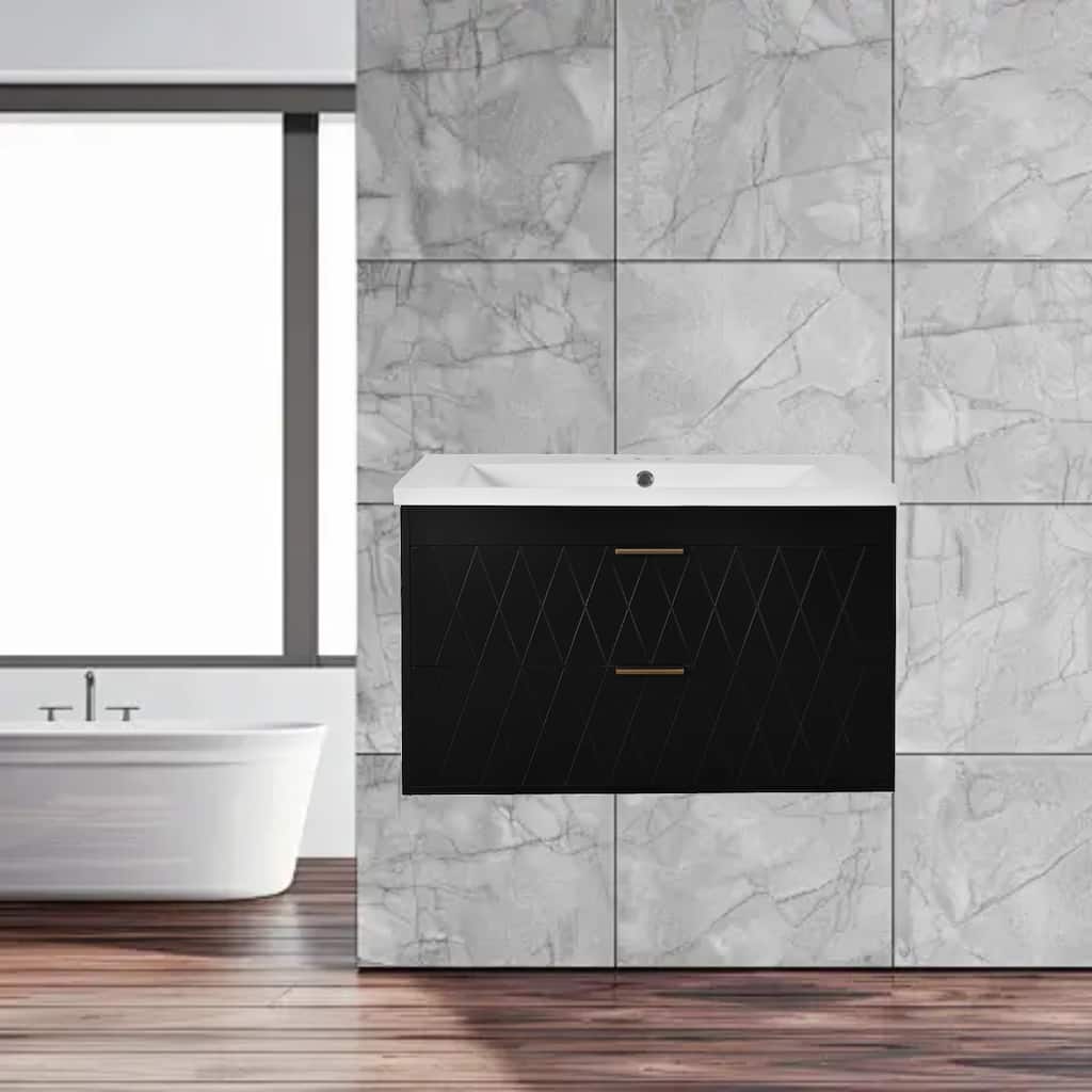 Modern 30" Wall-Mounted Bathroom Vanity with Resin Sink, Solid Wood Floating Cabinet with 2 Drawers