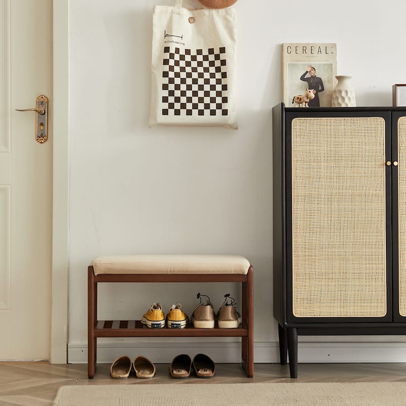 GDFStudio - Cedric Beech Wood Entryway Shoe Bench with Cushion