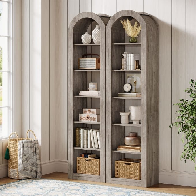 74.8-Inch Arched Tall Bookshelf, 6-Tier Rustic Wooden Bookcase