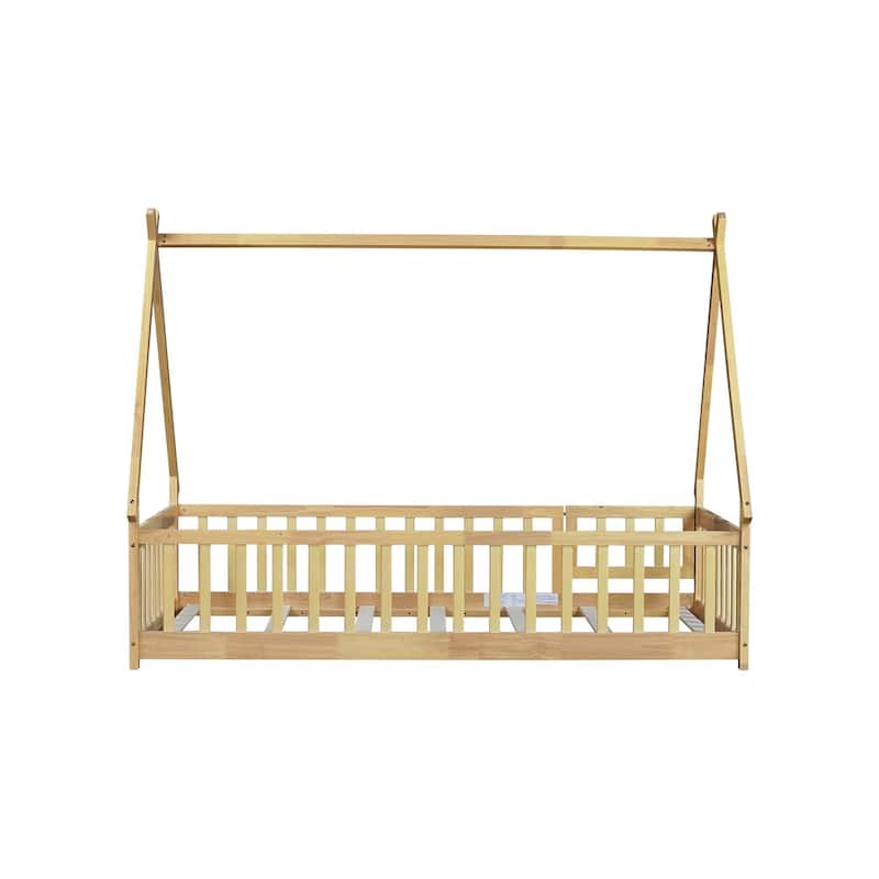 Twin Tent-shaped Floor Bed,Teepee Bed with Guardrails,Slats and Door