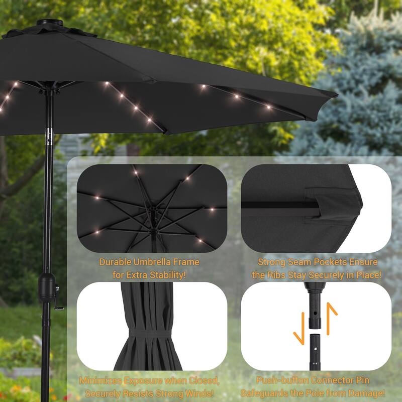 LIVOOSUN 9Ft Solar-powered Large Round Outdoor Patio Market Umbrella with Crank