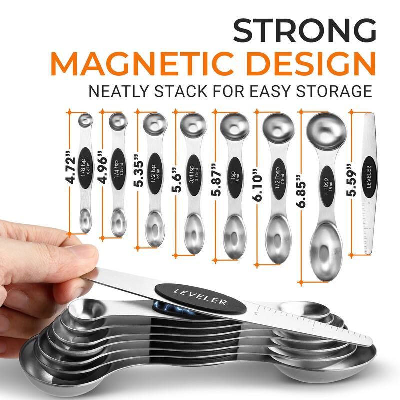 Cheer Collection 8 Piece Stainless Steel Magnetic Measuring Spoons Set with Leveler - 8pc Set