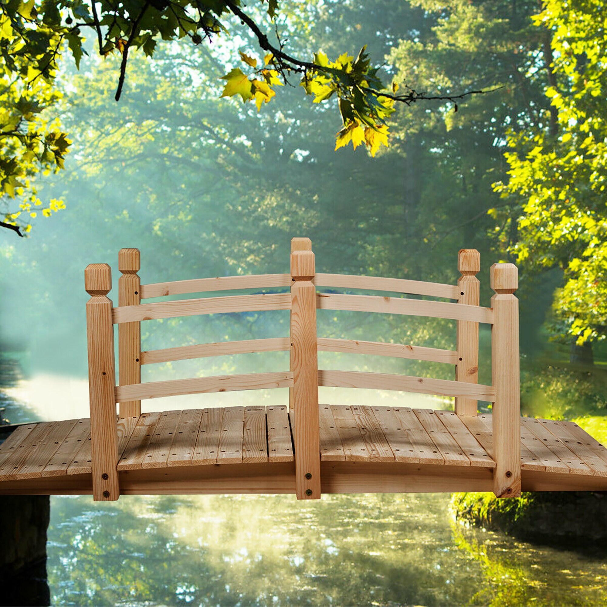 thumbnail image 2 of Costway 5ft Wooden Garden Bridge – Stained Solid Fir – Decorative Pond Arch Walkway – 400lb Capacity 2 of 3