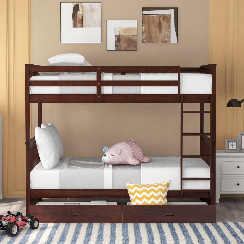 Twin-Over-Twin Bunk Bed with Ladders and Two Storage Drawers