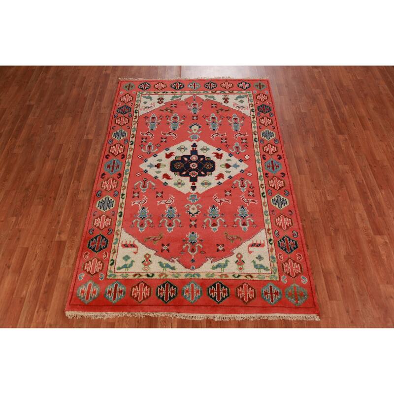 Animals Tribal Kazak Oriental Area Rug Hand-Knotted Wool Carpet - 5'0" x 7'8"