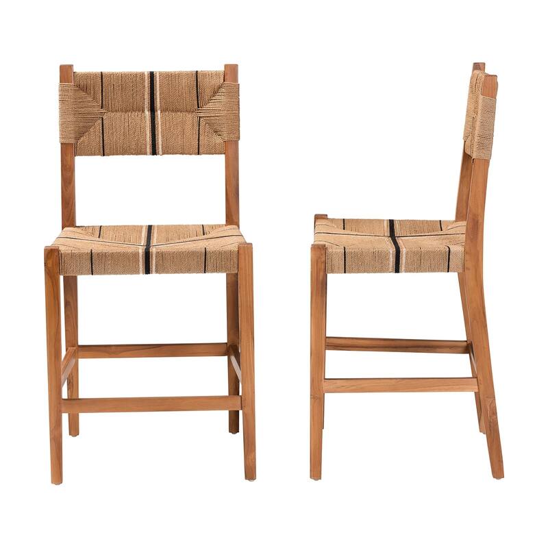 Prita Bohemian Paper Loom and Mahogany Wood 2-Piece Counter Stool Set