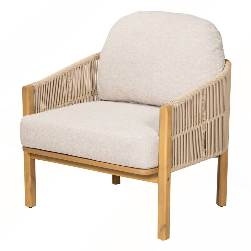 Outdoor Wood Club Chair with Beige Cushion Set of 2